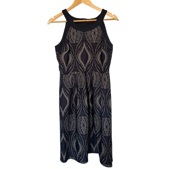 Enfocus Studio High Neck Fit & Flare Dress Size 8 Blue Beige Geometric‎ Lace - Picture 9 of 12